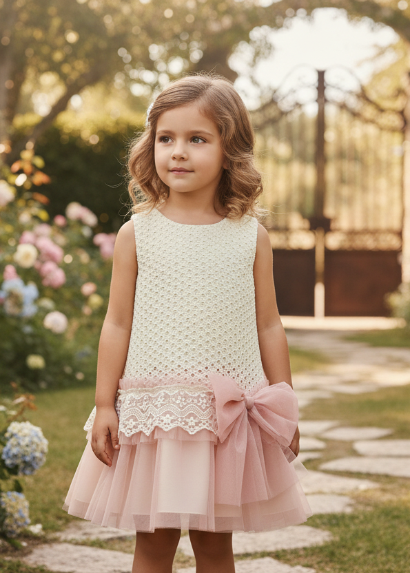 Little girl in cream and dusty pink drop waist dress