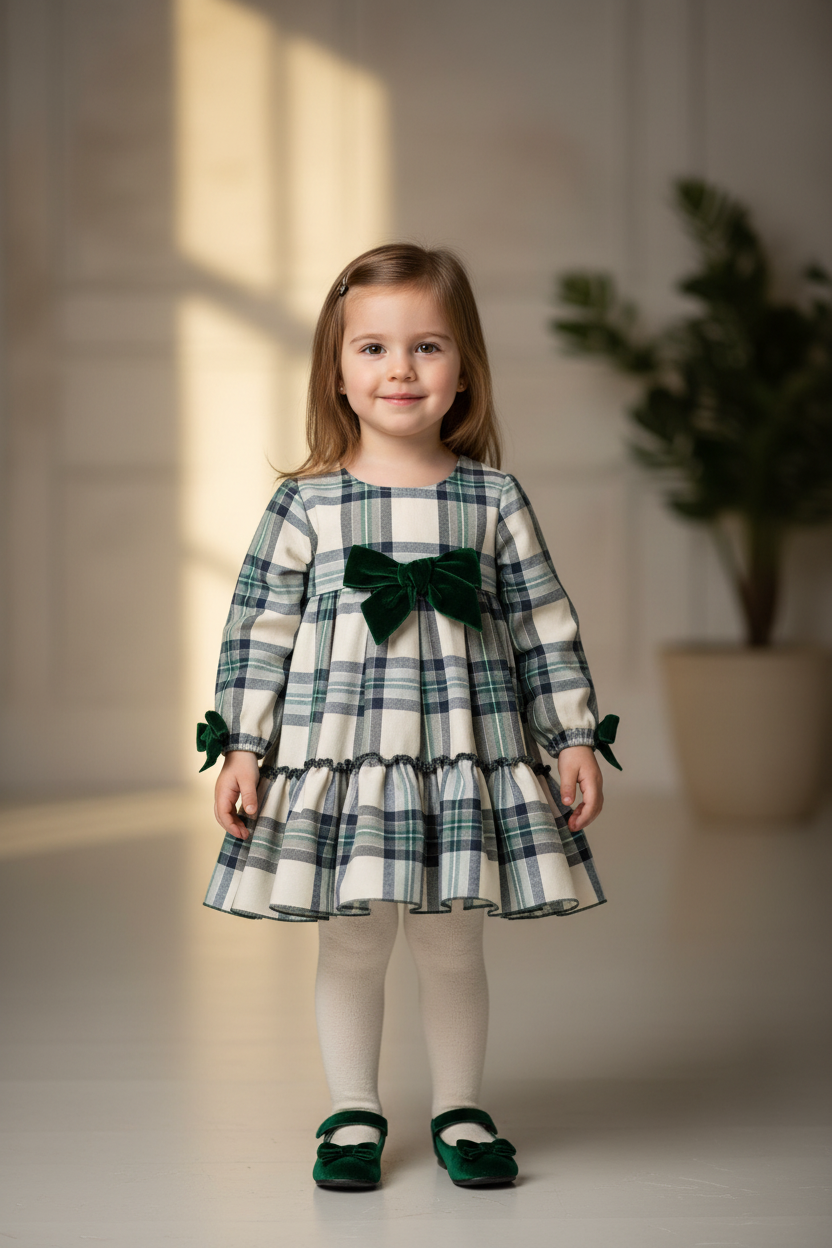 Little girl in cream and green tartan dress
