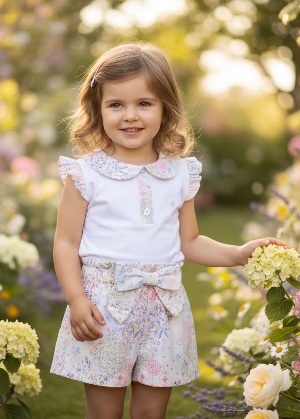 Little girl in floral outfit in flower garden