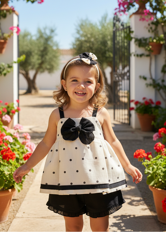 Basmarti Coco girls cream and black polka dot shorts set