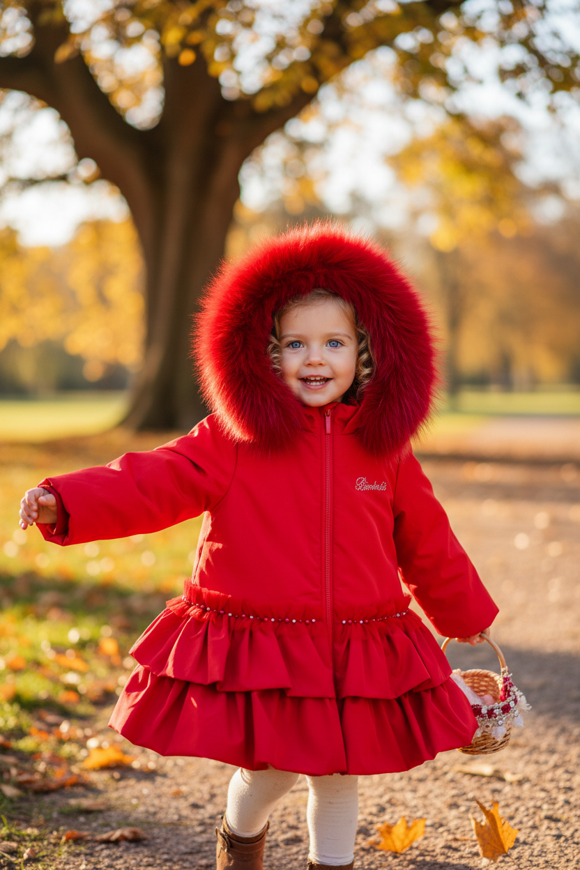 Little girl in red Bimbalo coat