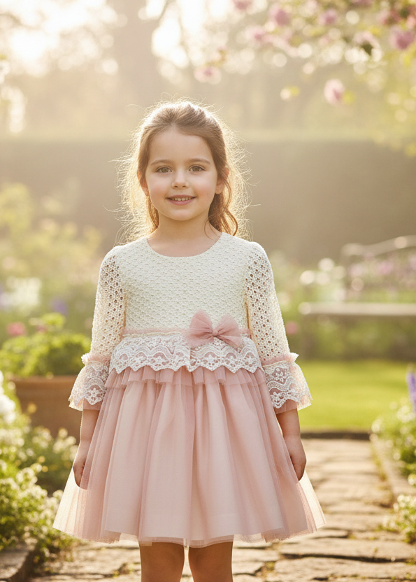 Little girl in shorter cream and dusty pink dress with 3/4 sleeves
