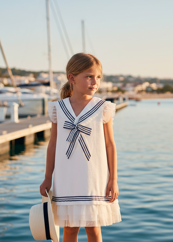 Little girl in shorter fitted white and navy sailor dress