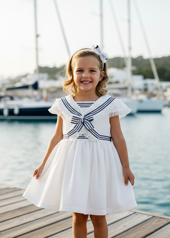 Little girl in white and navy sailor dress by the beach