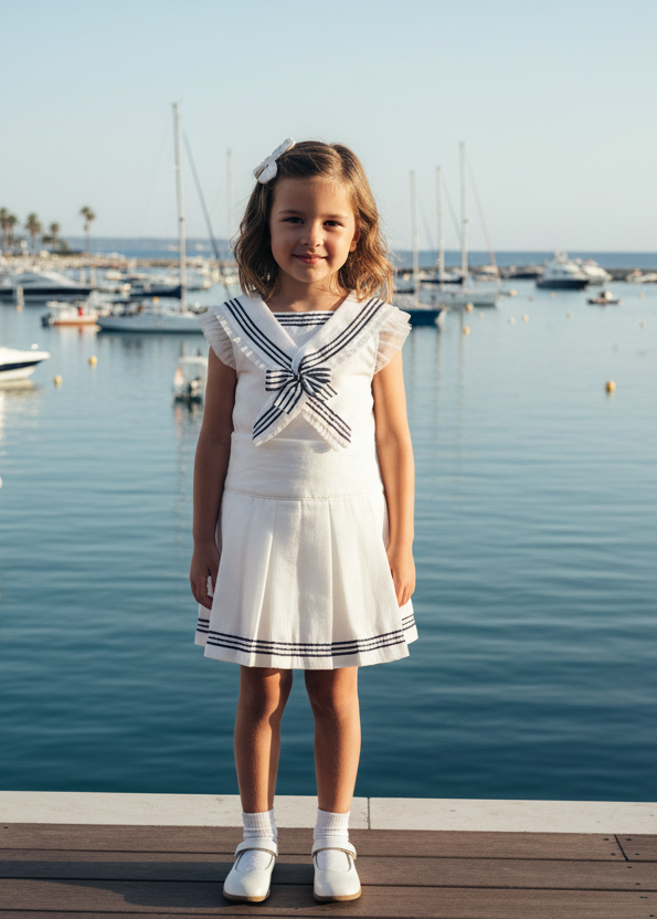 Little girl in white and navy sailor skirt and blouse by the beach