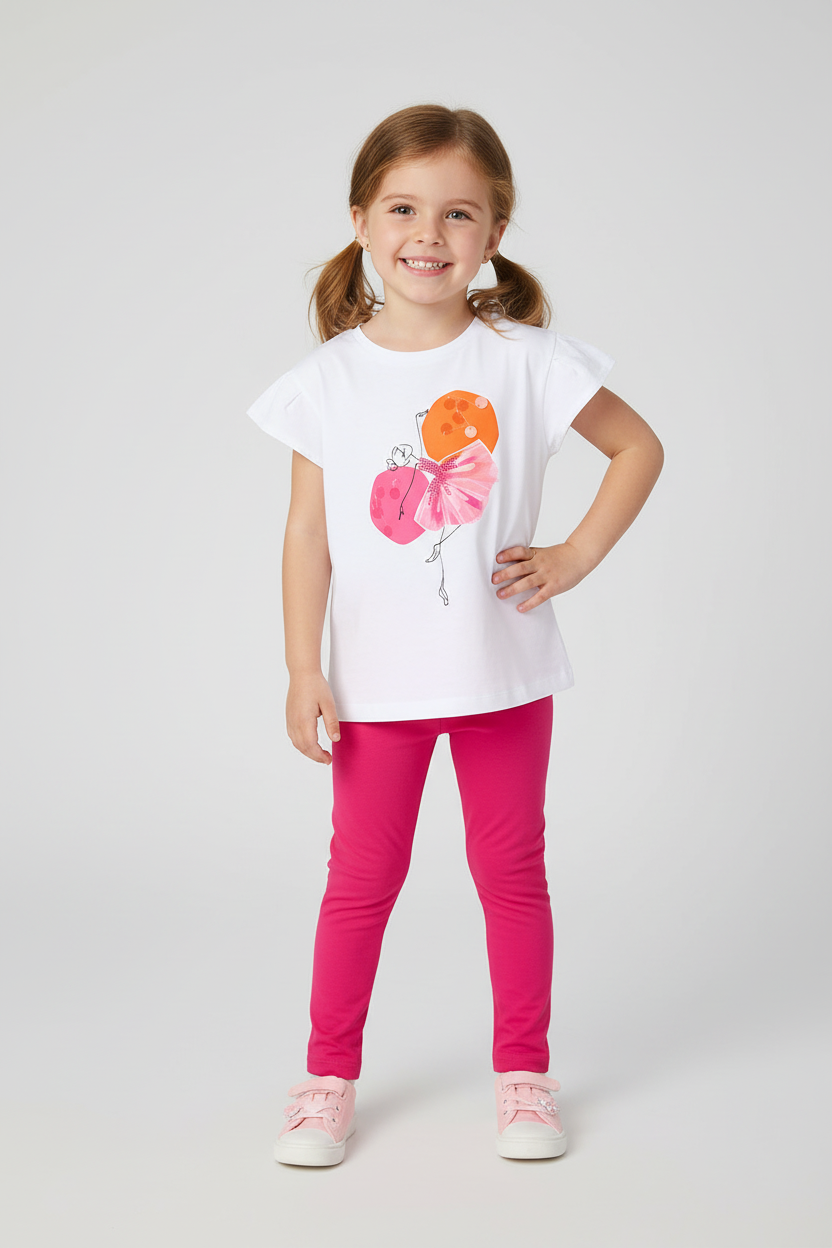 Little girl wearing ballerina t-shirt with pink leggings