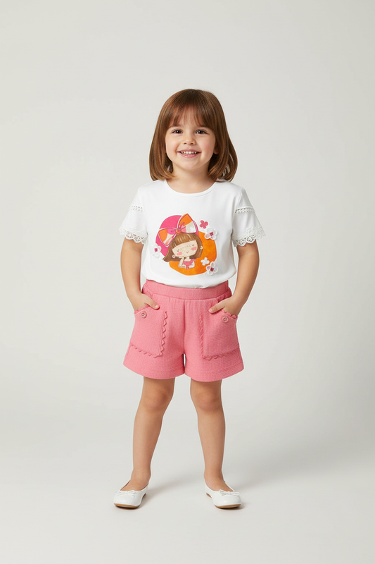 Girl wearing Mayoral Geranium pink shorts set 1079
