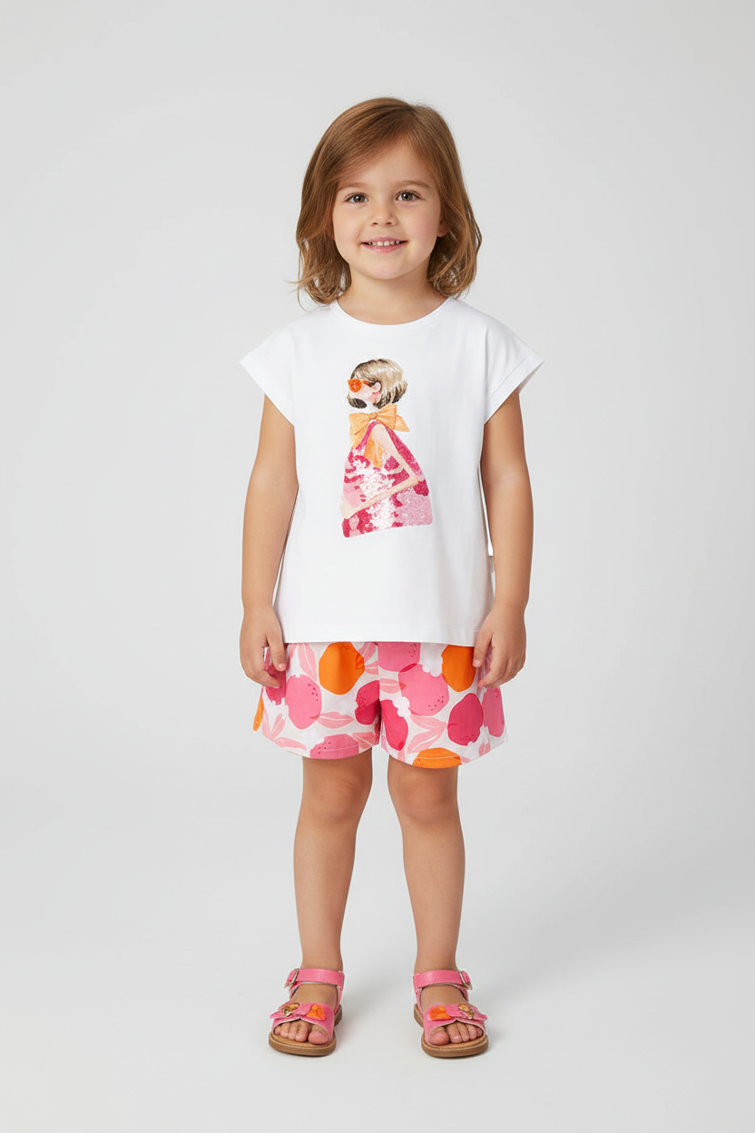 Little girl wearing fashion girl t-shirt with citrus print shorts