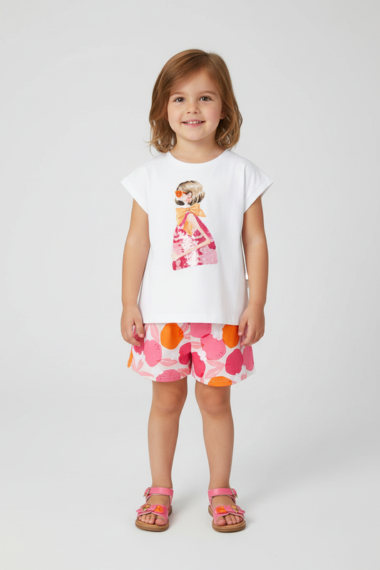 Mayoral Girls Clover Pink and Orange Sequin T-Shirt and Cotton Shorts Set 3906