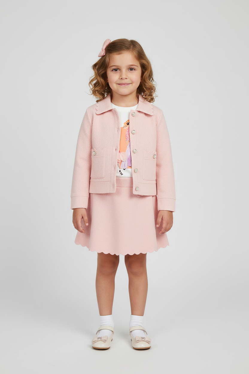 Mayoral girls blush pink knitted skirt and jacket set with embellished T-shirt