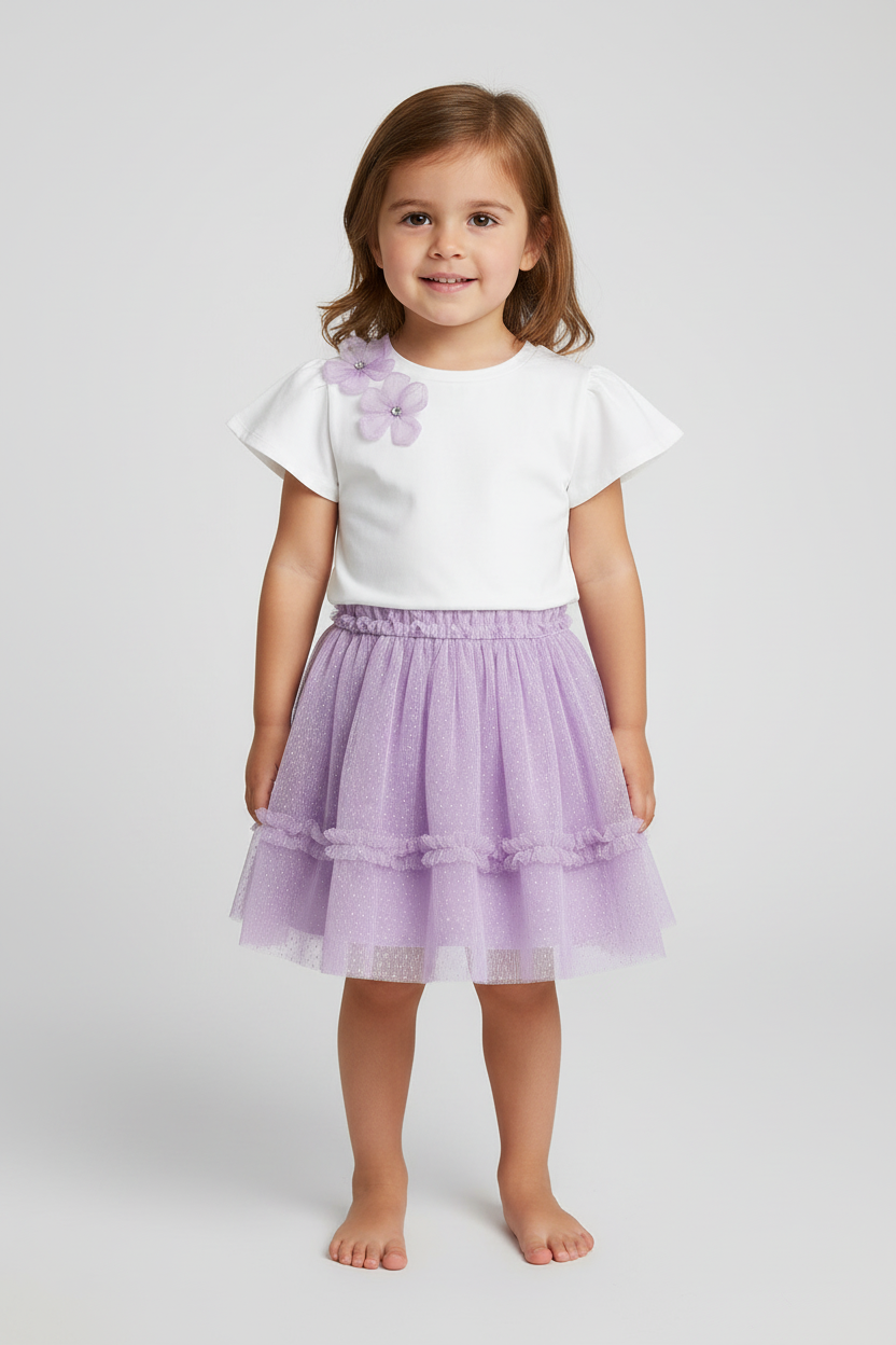 Little girl wearing flower t-shirt with lavender tulle skirt