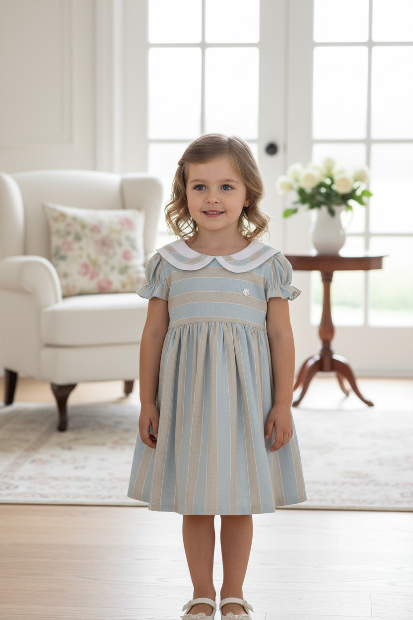 Little girl wearing knee-length blue and cream striped dress