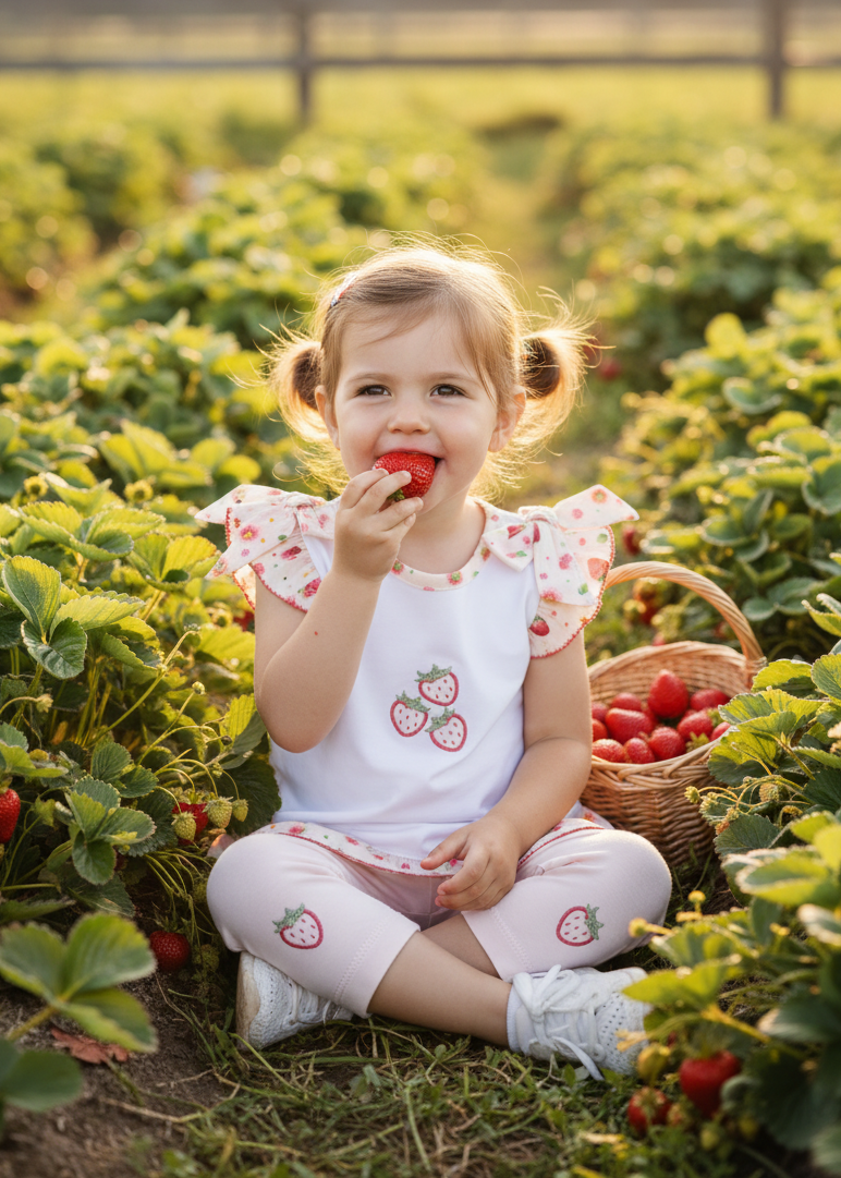 Little girl wearing strawberry leggings set in strawberry-themed setting