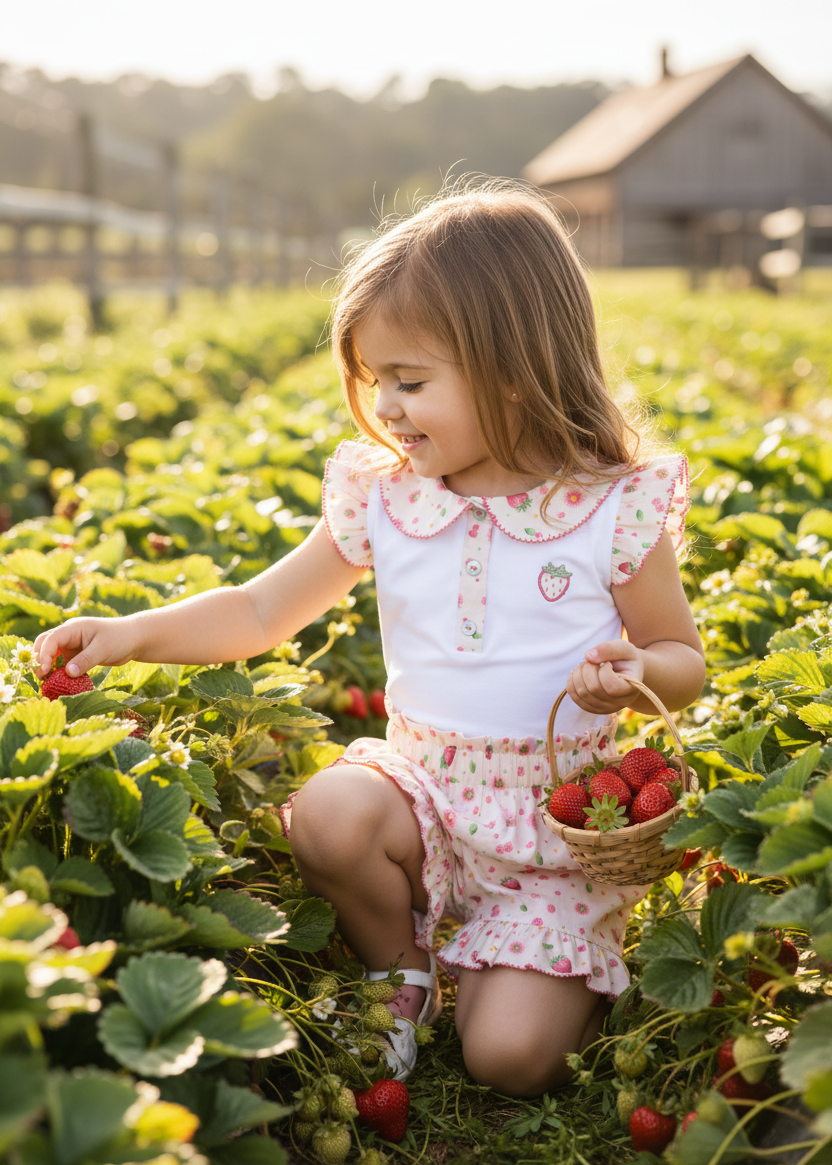 Little girl wearing strawberry print outfit in strawberry-themed setting