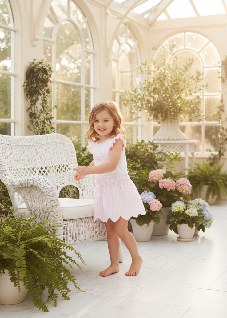 Little girl wearing white outfit with pink gingham trim in elegant setting