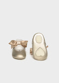 Mayoral baby girls champagne bow pram shoes, front and soft sole view