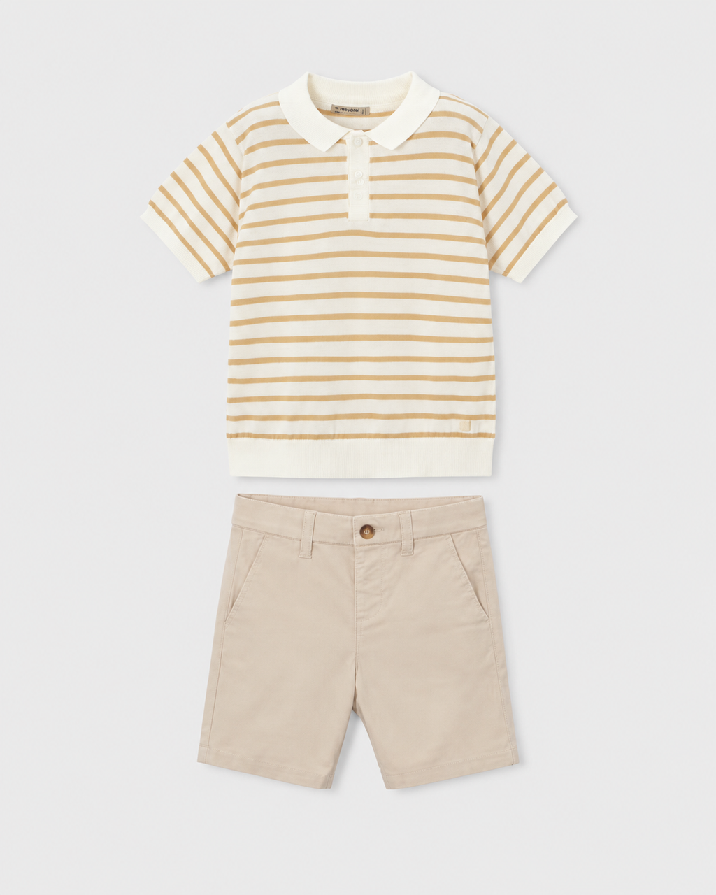 Flat lay of the Mayoral beige striped knitted polo top and chino shorts outfit