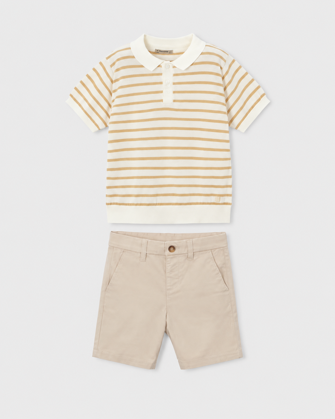 Flat lay of the Mayoral beige striped knitted polo top and chino shorts outfit