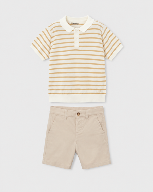 Flat lay of the Mayoral beige striped knitted polo top and chino shorts outfit