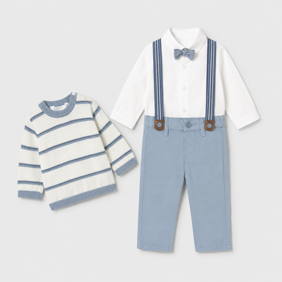 Flat lay of Mayoral bow-tie shirt and pale-blue trousers with striped jumper