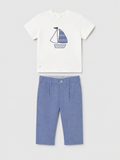 Flat lay of the Mayoral ivory sailboat T-shirt and Capri-blue cropped trousers outfit