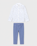 Flat lay of the Mayoral white boat-print shirt and Capri-blue trousers outfit