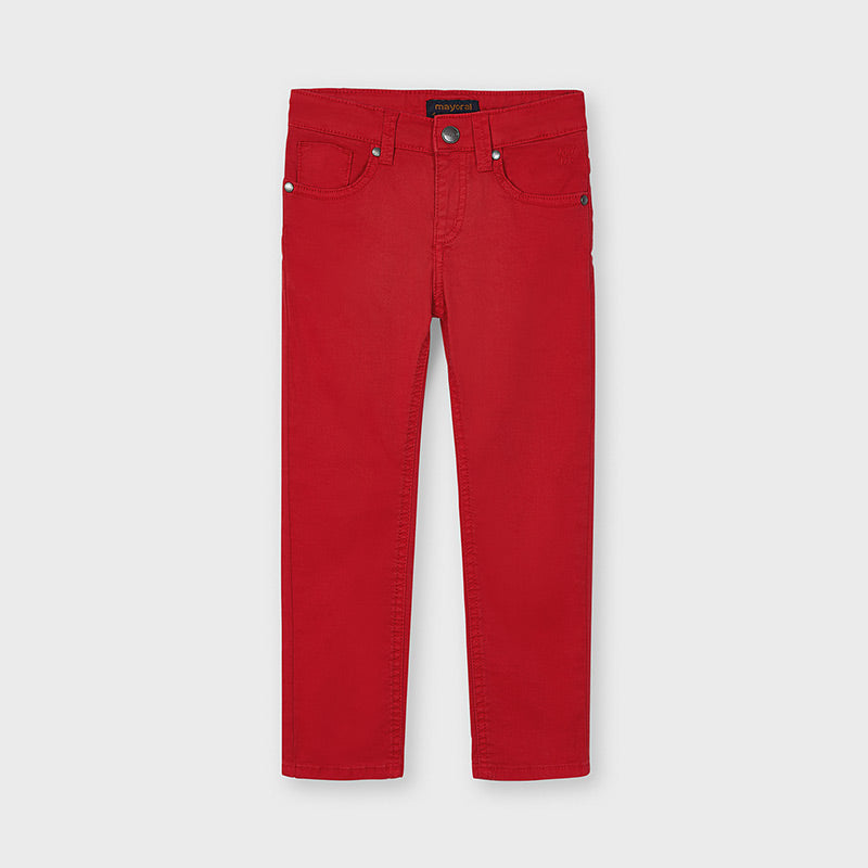 Mayoral boys Cyber Red slim fit chino trousers, front