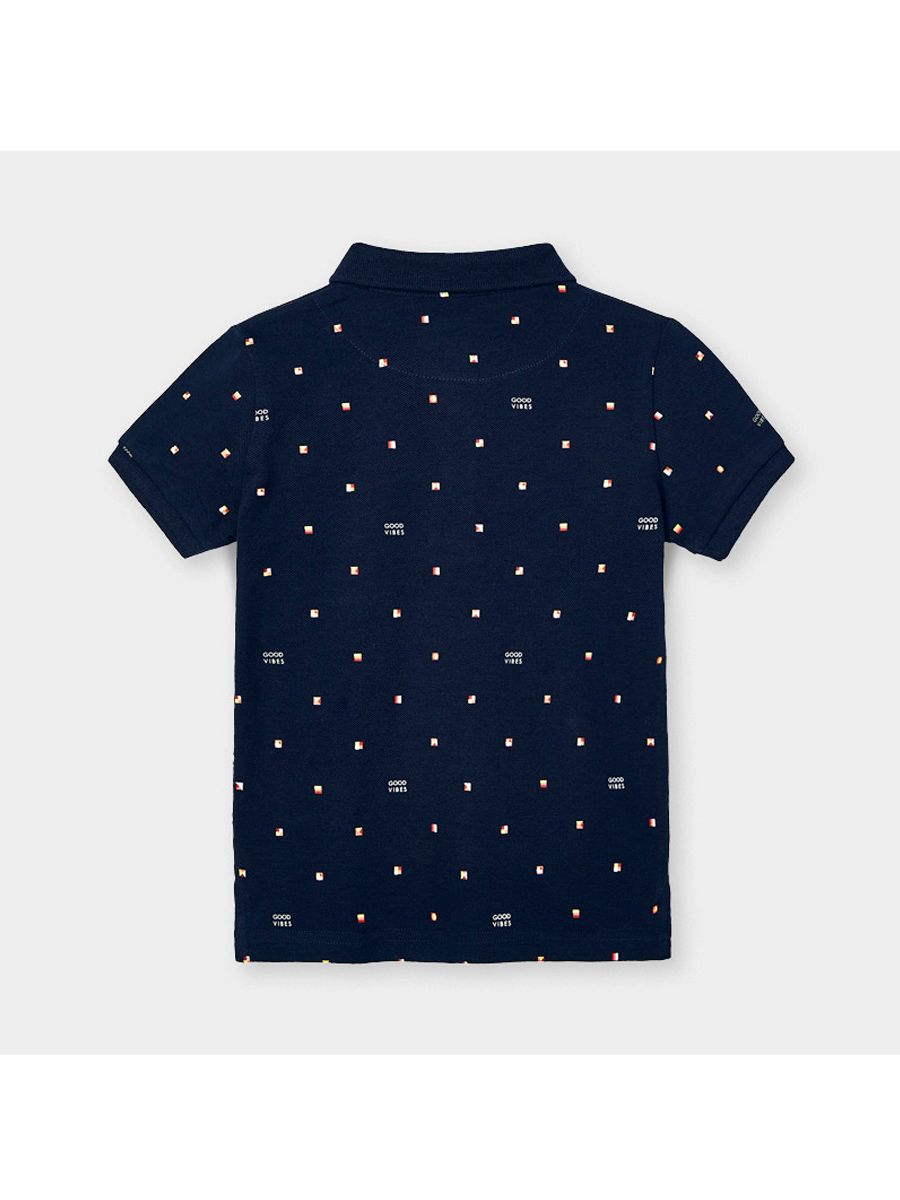 Mayoral boys navy Good Vibes patterned short sleeve polo shirt, back