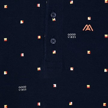 Mayoral boys navy polo shirt Good Vibes pattern detail