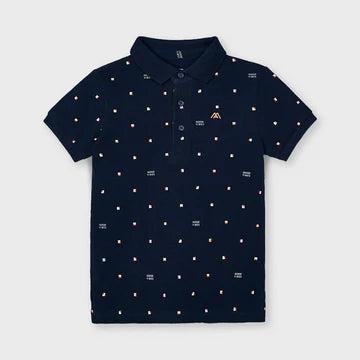 Mayoral boys navy Good Vibes patterned short sleeve polo shirt, front