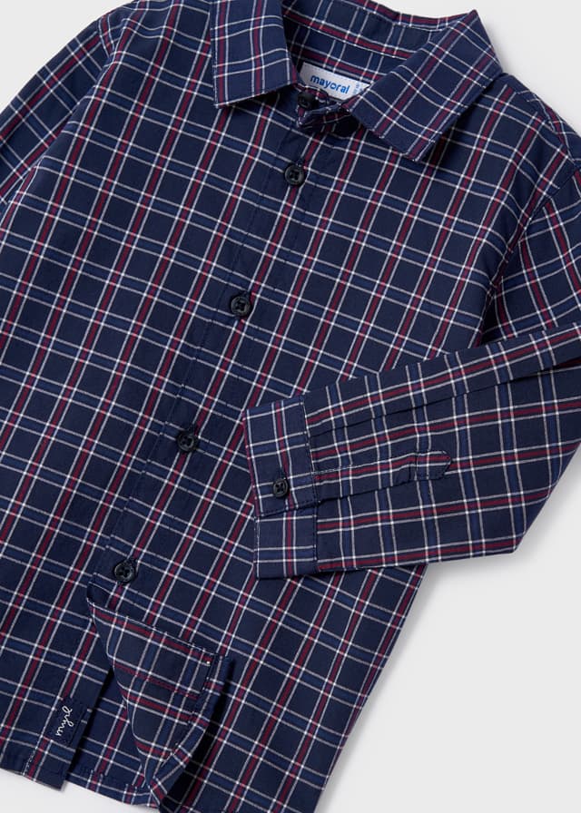 Mayoral boys navy and red check shirt collar, buttons and cuff detail