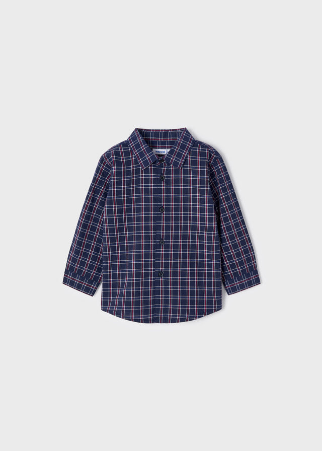 Mayoral boys navy and red check long sleeve shirt, front