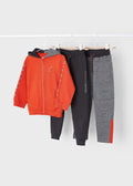 Mayoral boys orange hoodie with black and grey joggers three-piece tracksuit