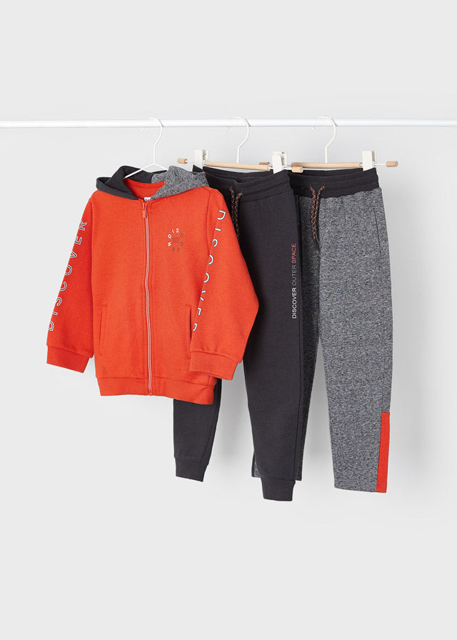 Mayoral boys orange hoodie with black and grey joggers three-piece tracksuit