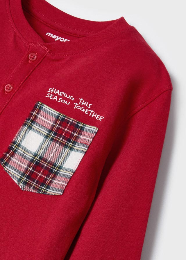 Mayoral boys red pyjama top with tartan pocket detail