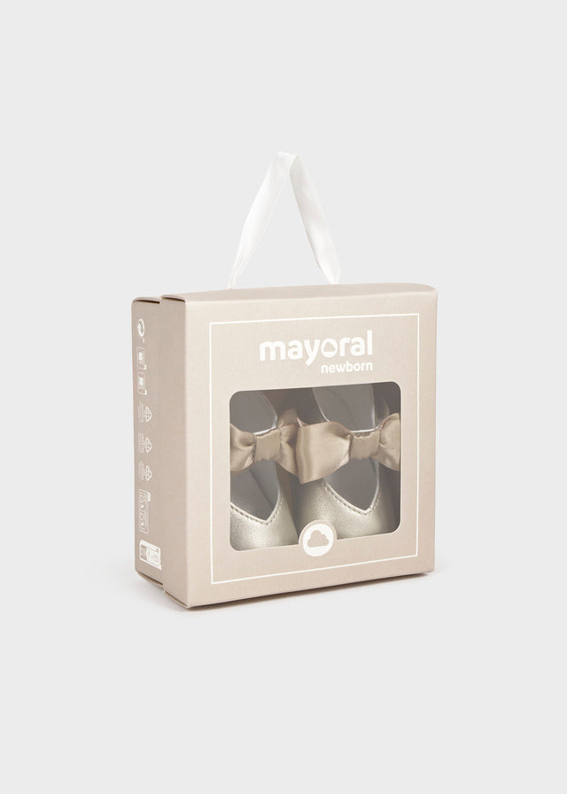 Mayoral champagne bow pram shoes presented in newborn gift box