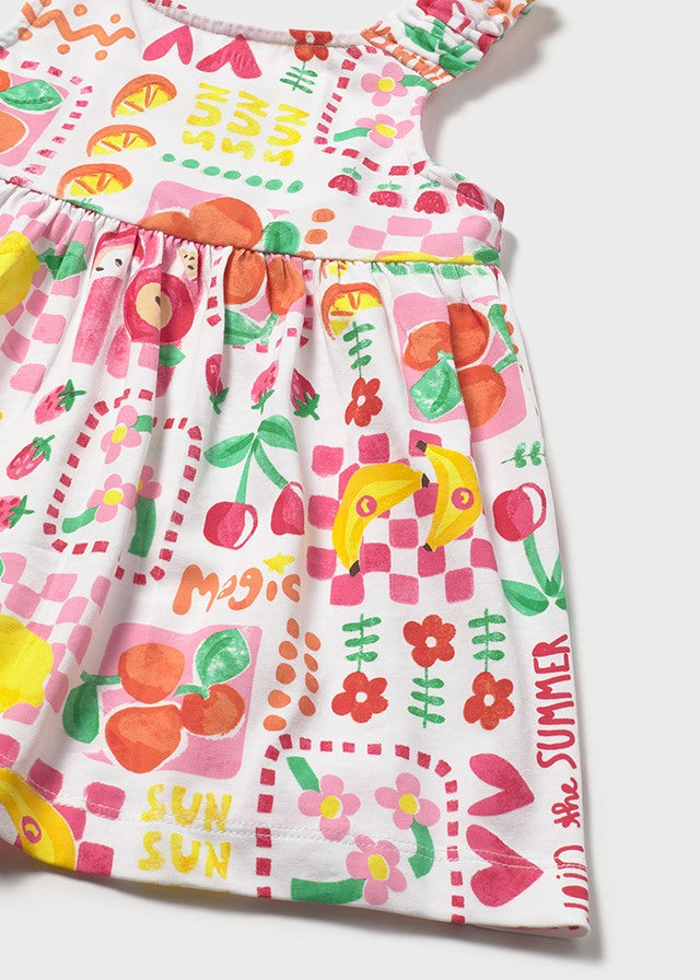 Mayoral girls Hibiscus multicolour dress gathered waist and fruit print detail