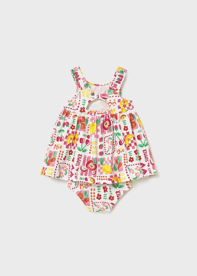 Mayoral girls Hibiscus multicolour dress and matching knickers, back view