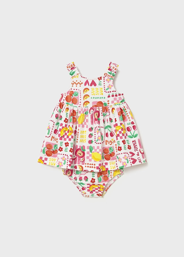 Mayoral girls Hibiscus multicolour dress with matching knickers, front view