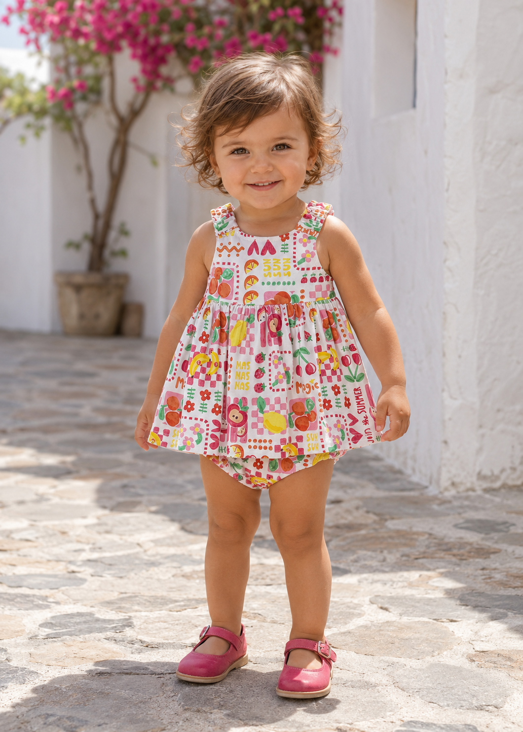 Toddler girl wearing the Mayoral Hibiscus multicolour dress and knickers in Spain