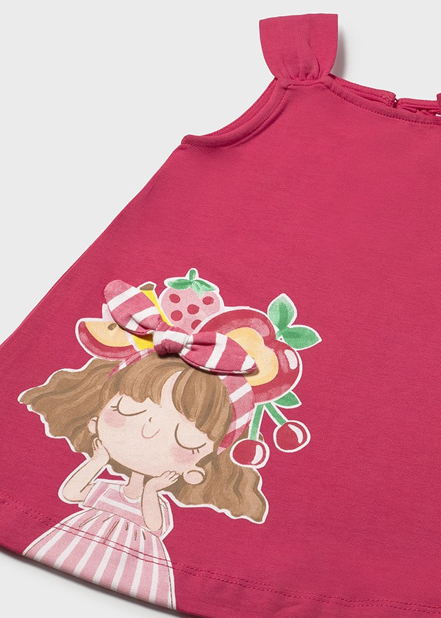 Mayoral girls Hibiscus pink sun dress shoulder bow and fruit girl appliqué detail