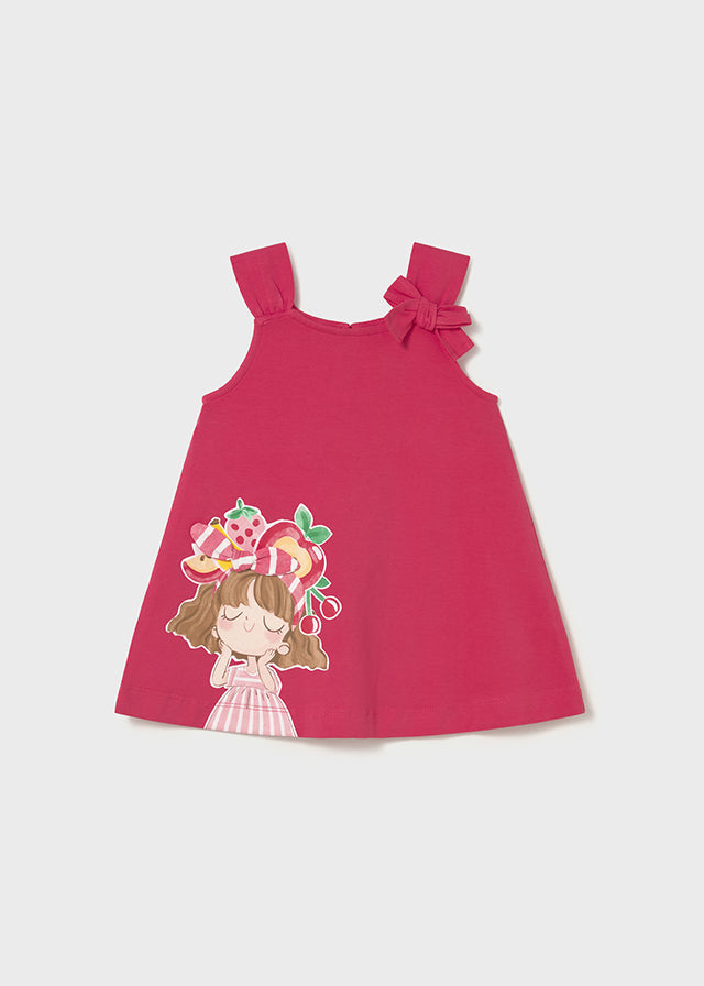Mayoral girls Hibiscus pink A-line sun dress with fruit girl appliqué, front view