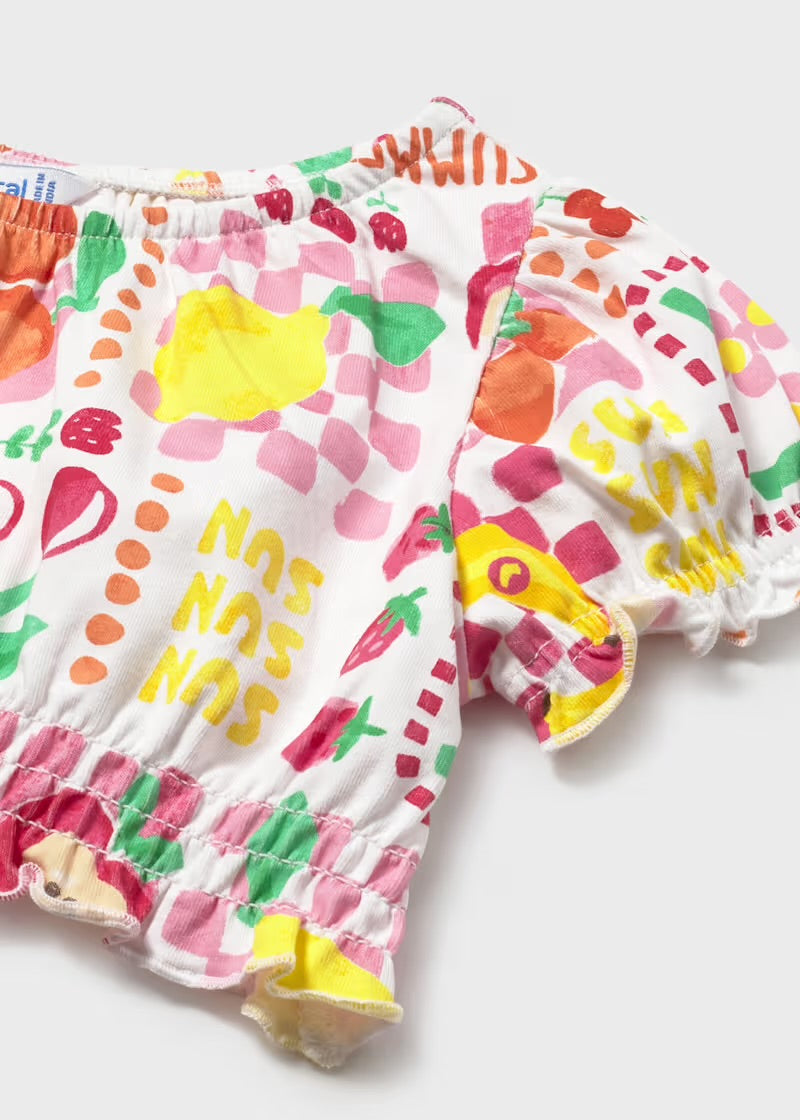 Mayoral girls Hibiscus cropped top, gathered neckline and flutter sleeve detail