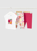 Mayoral girls Hibiscus three-piece set with white T-shirt, printed leggings and pink leggings