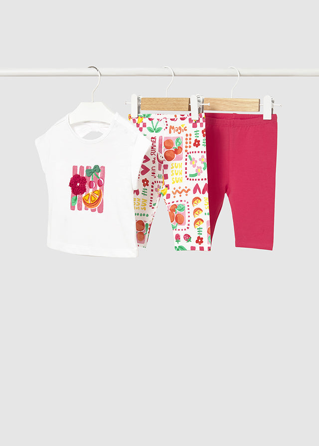 Mayoral girls Hibiscus three-piece set with white T-shirt, printed leggings and pink leggings