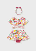 Mayoral girls Hibiscus three-piece top, skirted shorts and headband set, front view