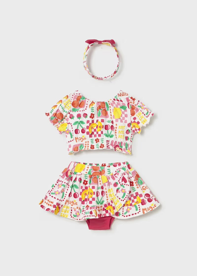 Mayoral girls Hibiscus three-piece top, skirted shorts and headband set, front view