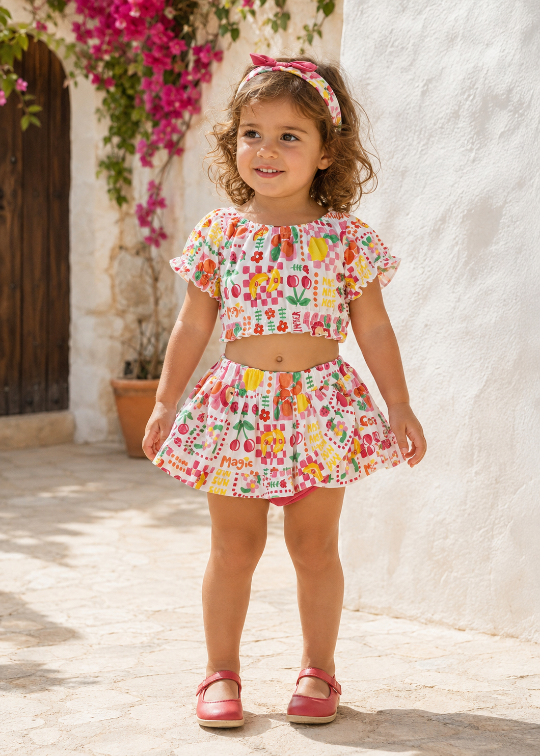Toddler girl wearing the Mayoral Hibiscus three-piece set in a Spanish courtyard