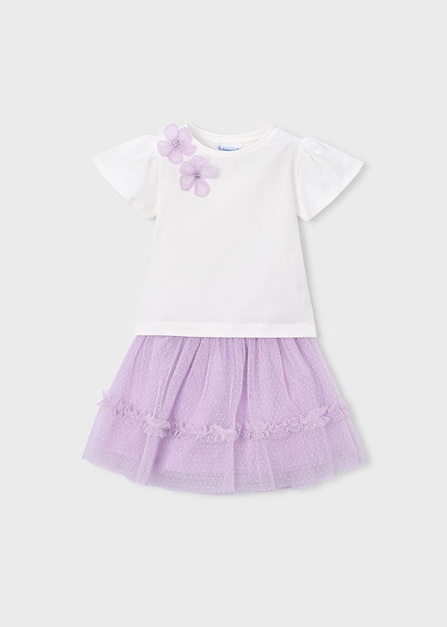 Mayoral girls ivory flower top and lilac tulle skirt set, front