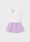 Mayoral girls ivory flower top and lilac tulle skirt set, front